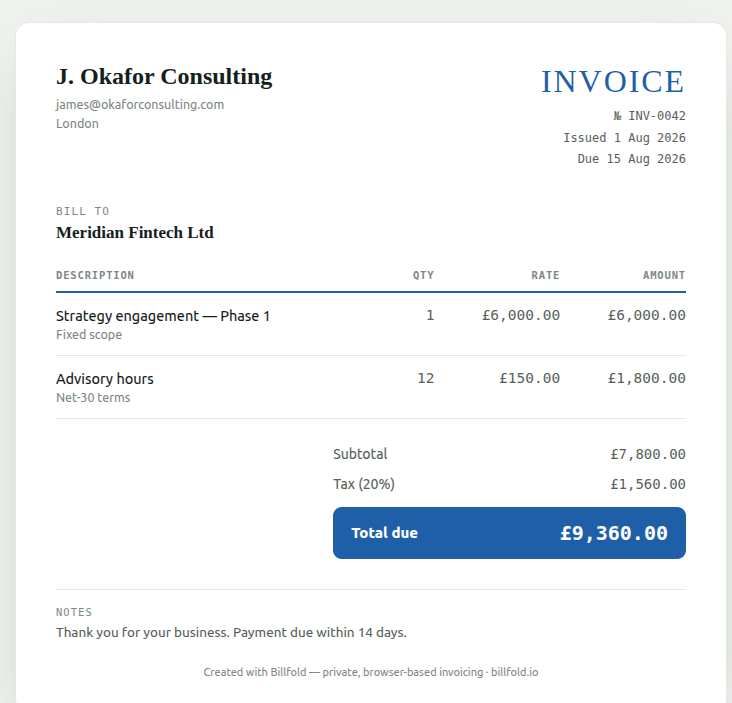 Consultant invoice template example with Net-30 advisory hours in pounds, made with Billfold