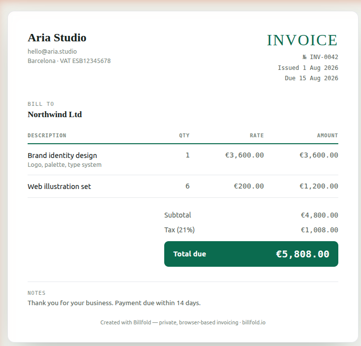 Freelance designer invoice template example — a clean, branded invoice in euros made with Billfold