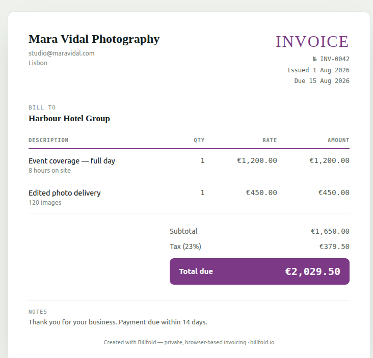 Photographer invoice template example with event coverage line items in euros, made with Billfold